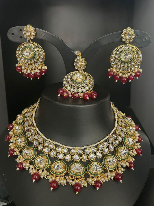 TrendyE-Pearl Necklace Set-Maang Tikka-D1-Red