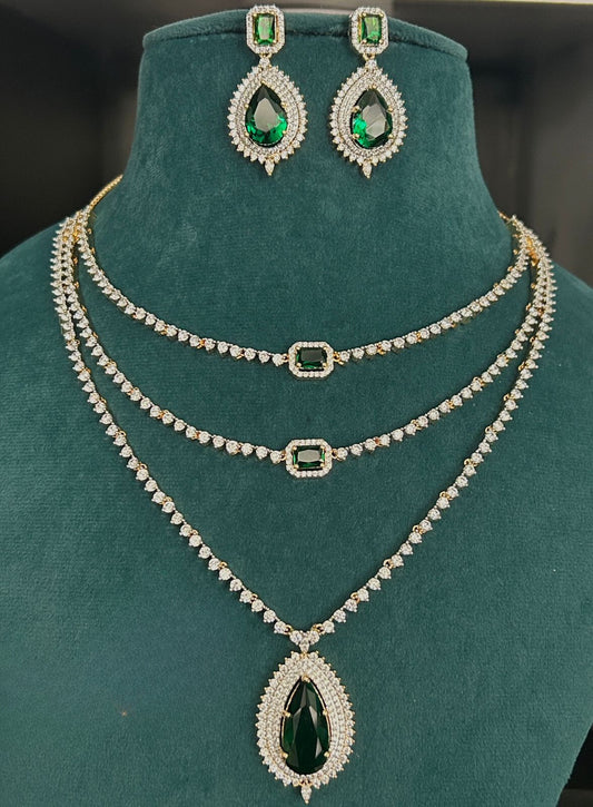 TrendyE-CZ Diamond-SilverGold Plated-Green Stone